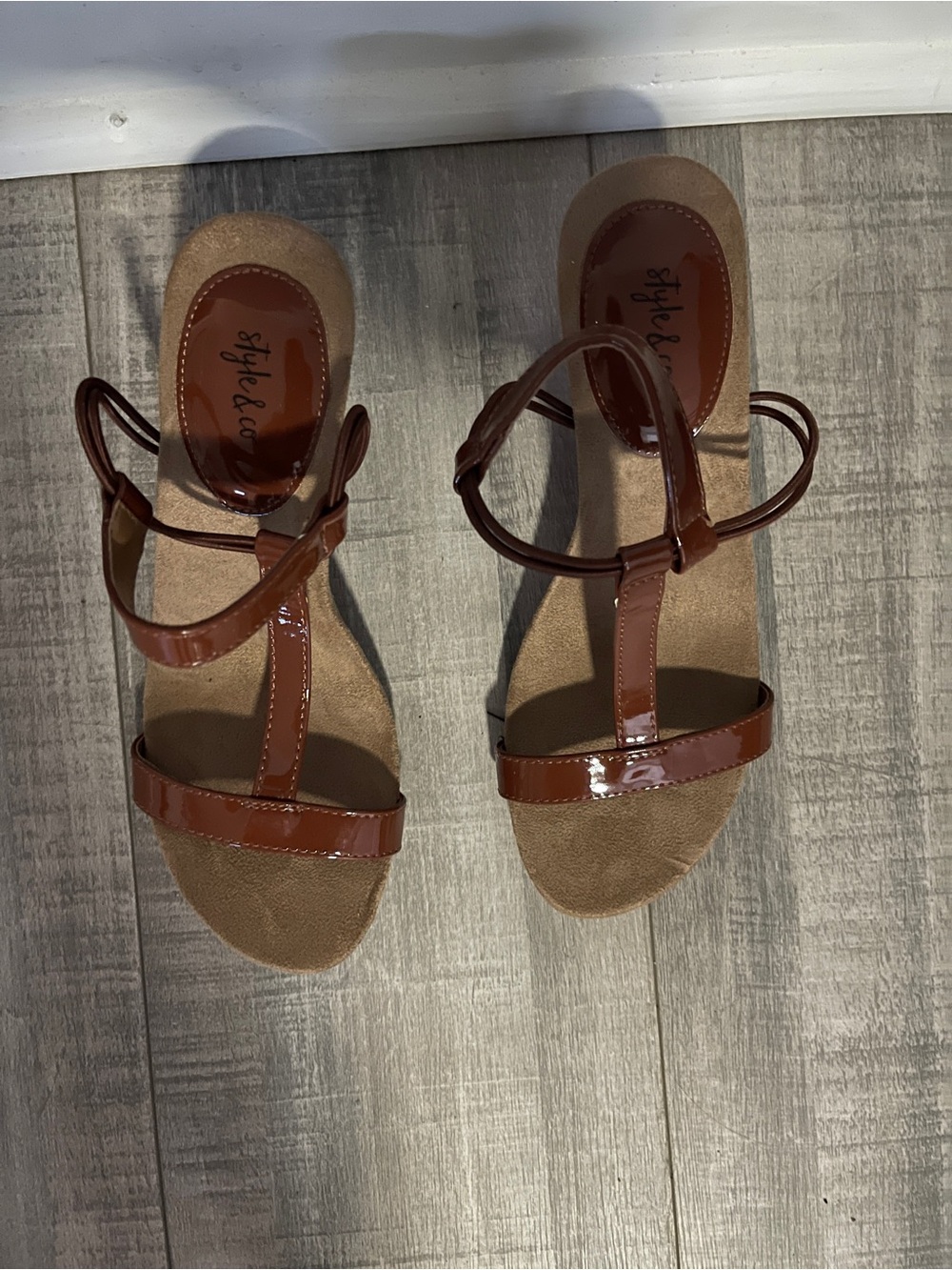 Style & Co. Patent T‑Strap Sandals in Brown - Picture 2 of 6